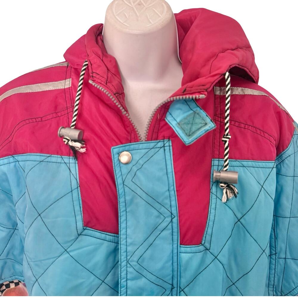 Vintage 90s Blue Pink Checkerboard Hooded Ski Suit One Piece Size S *GOOD* - Picture 12 of 16